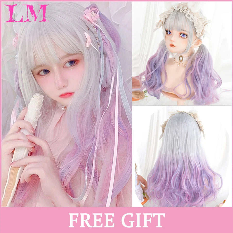 LM Long Natural Wavy Platinum Blonde Pink Wigs with Bangs Cosplay Party Lolita Synthetic Wigs for Women Heat Resistant Fiber