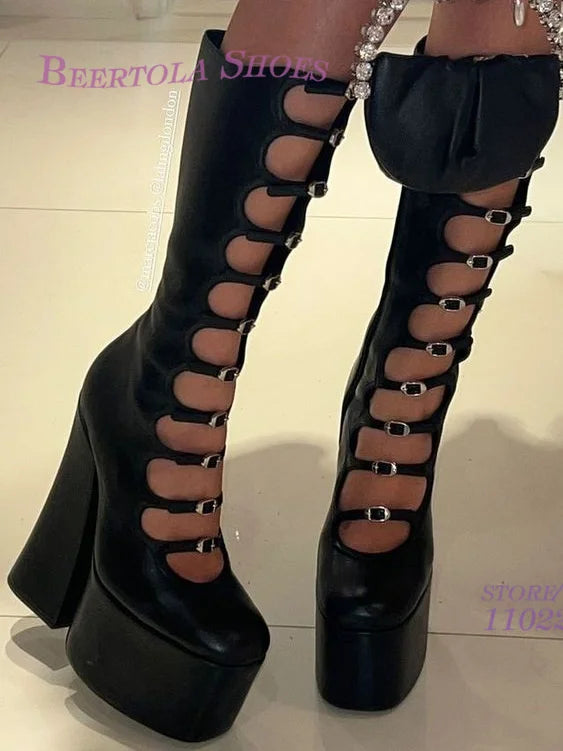 Pole Girls Bright Black Leather Pink Satin Platform Buckle Boots Sexy Hollow Chunky Heel Bling Purple Straps Elegant Zipper Shoe