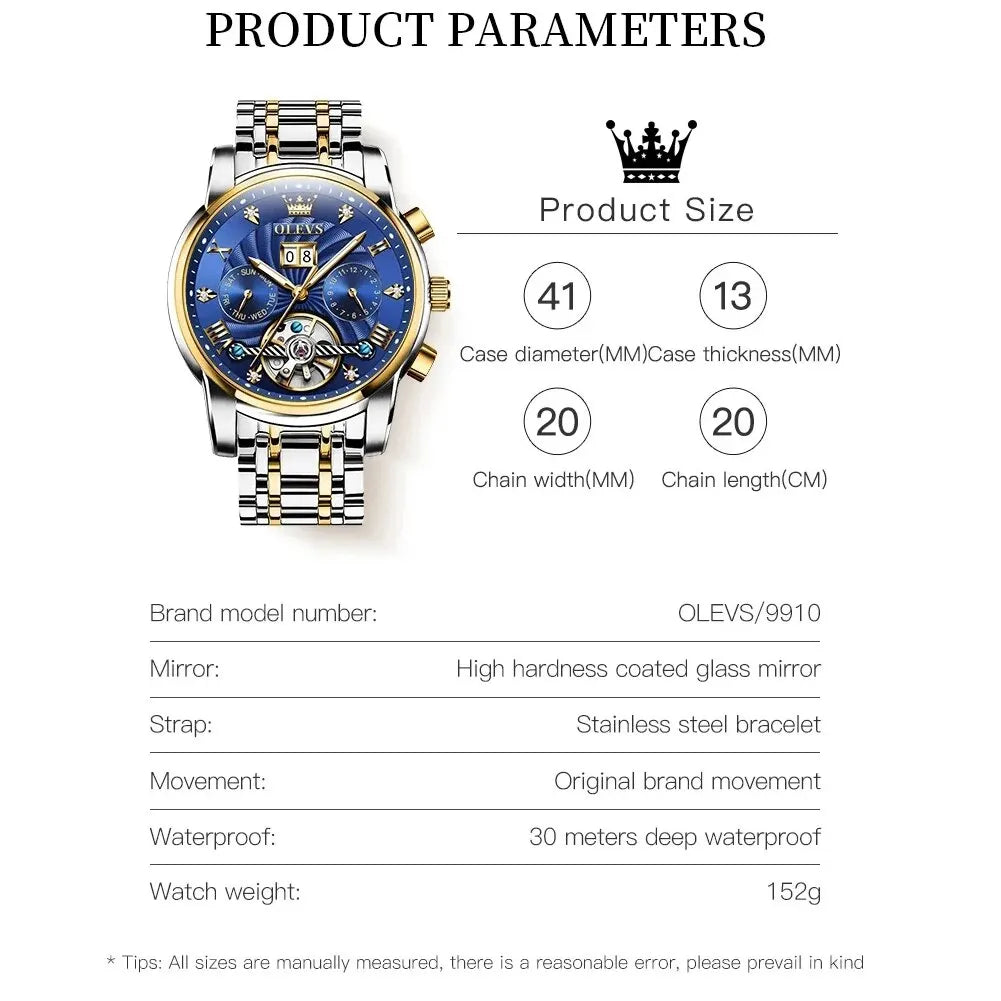 OLEVS 9910 Tourbillon Automatic Watch for Men Luxury Skeleton Men's Mechanical Wristwatch Stainless Steel Top Original Man Watch