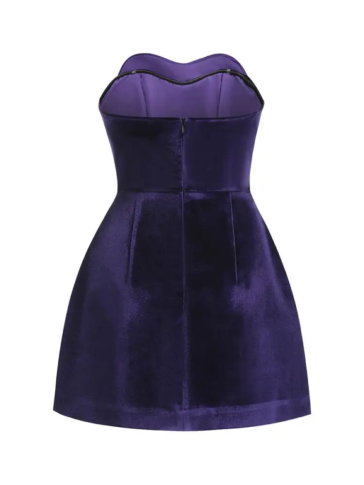 Women Celebrity Sexy Strapaless Backless Velvet Purple Heart Mini Bodycon A Line Dress 2024 Elegant Evening Club Party Outfit