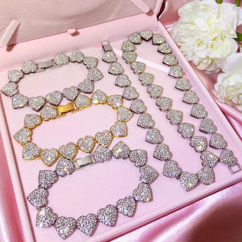 Crystal Heart Cuban Link Chain Necklace for Women 15mm Bling Full Rhinestones Paved Heart Tennis Chain Necklace Hip Hop Jewelry