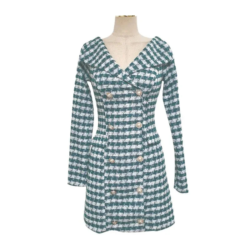 KIMLUD, Long-sleeved Plaid Small Fragrance V-neck Women Dress Slim Double-breasted Korea Chic Elegant Vintage Spring Autumn Mini Dress, Turquoise / S, KIMLUD APPAREL - Womens Clothes