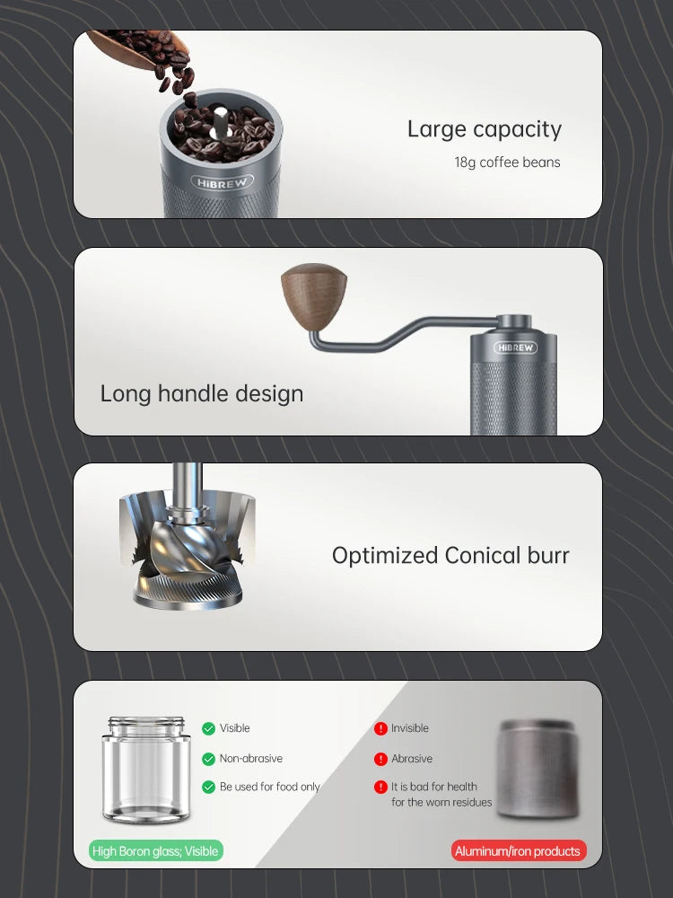 HiBREW Manual Coffee Grinder Portable High Quality Hand Grinder Mill Aluminium With Visual Bean Storage G4