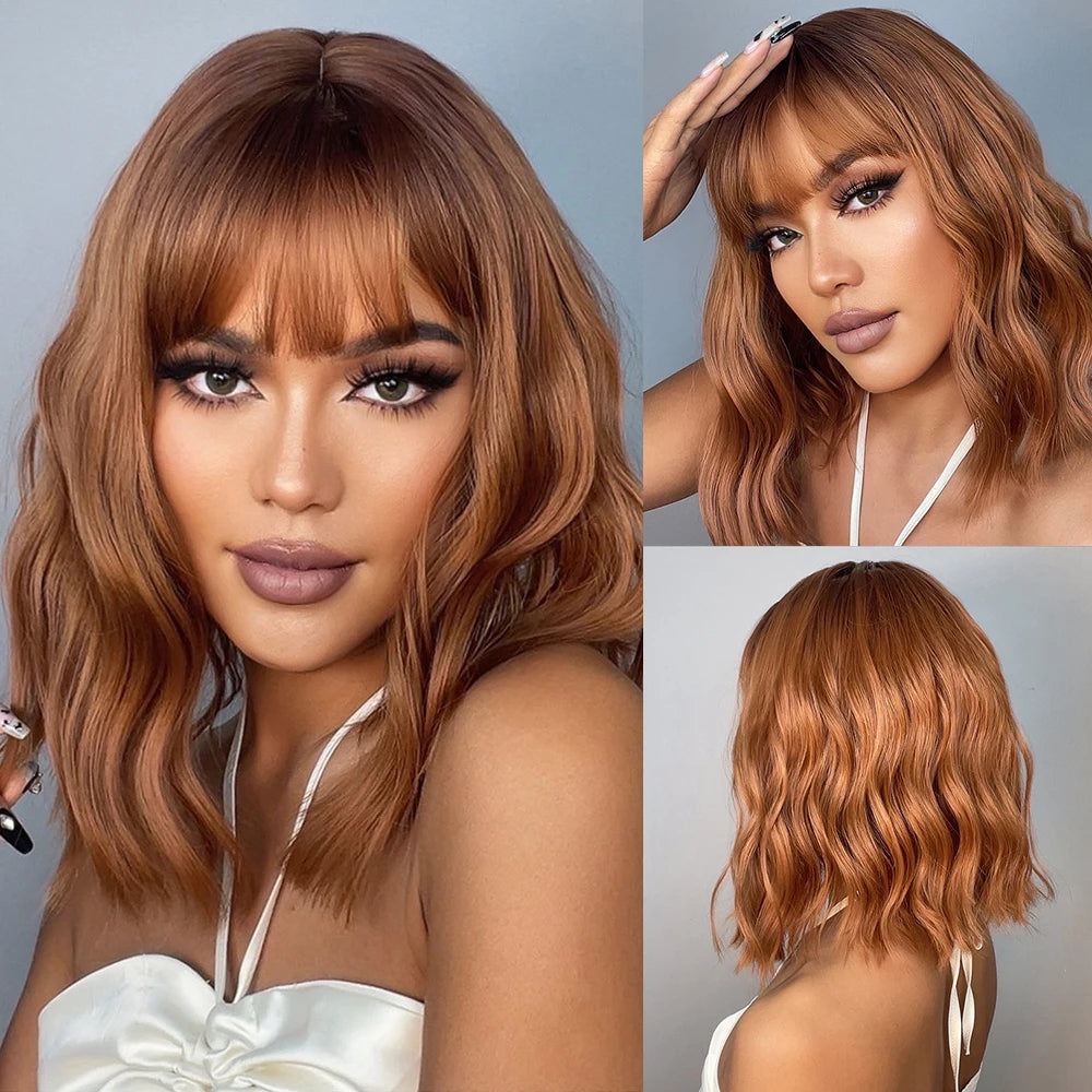 KIMLUD, HENRY MARGU Red Copper Ginger Synthetic Wigs with Bangs Medium Water Wave Natural Bob Daily Hair Wigs for Women Heat Resistant, KIMLUD Womens Clothes