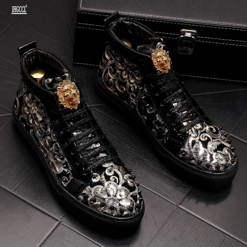 Men Fashion Casual Ankle Boots Spring Autumn Rivets Luxury Brand High Top Sneakers Male High Top Punk Style Shoes A6