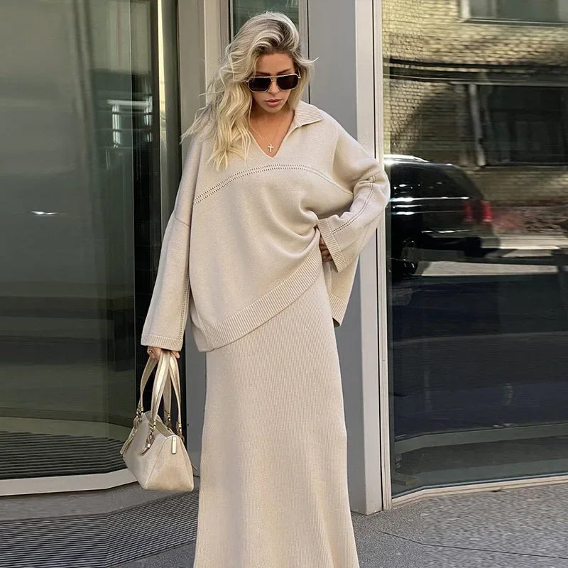 Casual Knitted Loose Skirt Sets Women Solid Lapel Long Sleeve V-neck Pullover High Waist Skirts 2024 Autumn Lady Lazy Outfits