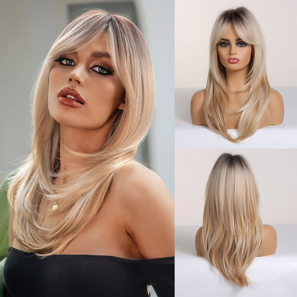 KIMLUD, Ombre Synthetic Straight Cosplay Women Hair Platinum Blonde to Black Hair Long Layered Natural Wigs with Bangs for White Women, Wig-LC259-1, KIMLUD APPAREL - Womens Clothes