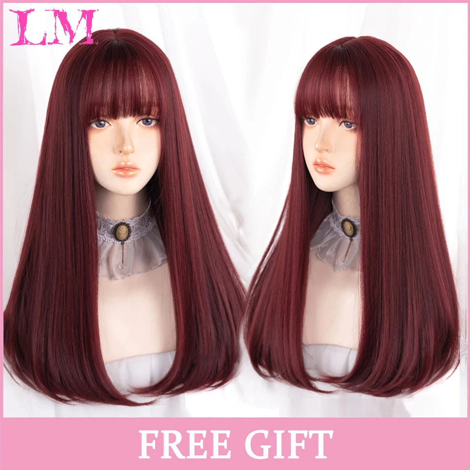 LM Long Natural Wavy Platinum Blonde Pink Wigs with Bangs Cosplay Party Lolita Synthetic Wigs for Women Heat Resistant Fiber