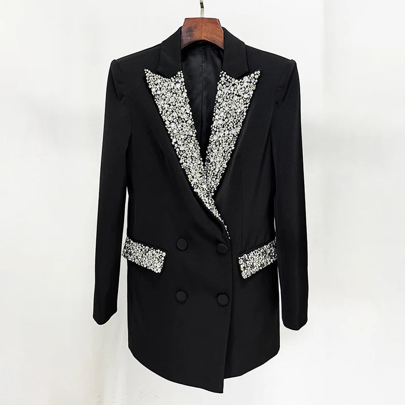 KIMLUD, BPN Loose Temperament Elegant Blazers For Women Notched Collar Long Sleeve Spliced Button Patchwork Diamonds Blazer Female New, KIMLUD Womens Clothes