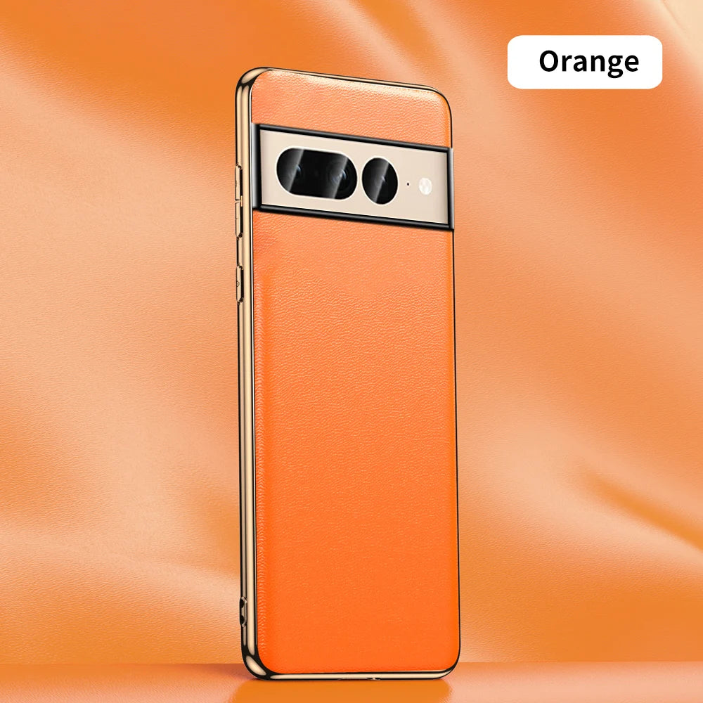 KIMLUD, Genuine Cowhide Leather Phone Case for Google Pixel 9 Pro XL 8 7 6 Pro 7A 6A Luxury Plating Shockproof Full Protection Cover, Orange / For Pixel 6, KIMLUD APPAREL - Womens Clothes