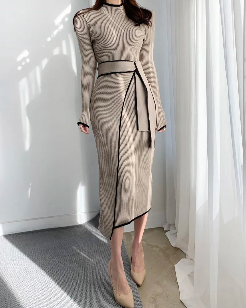 Elegant Stand Collar Contrast Bandage Long Sleeve Women Knitted Dress Autumn Korean Fashion Casual Knit Bodycondresses Vestidos