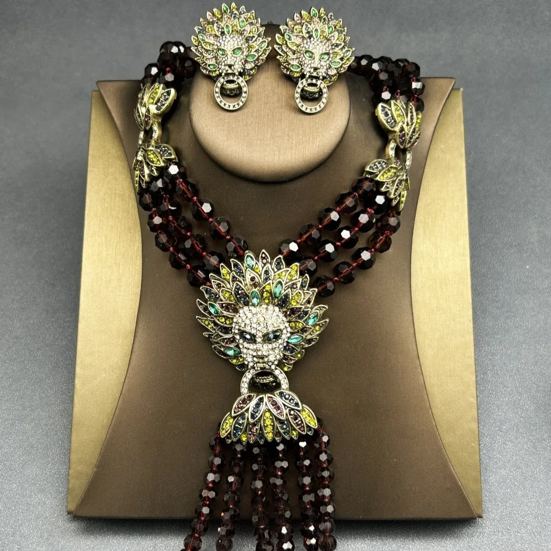 Medieval Vintage Palace Retro Full Inlaid Lion Head Heavy Multi-layer Tassel Necklace Earrings Set