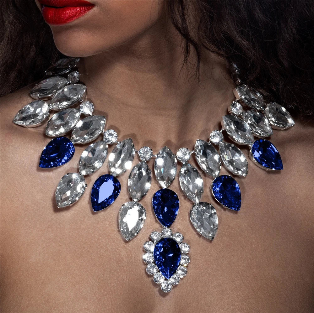 KIMLUD, Dazzling Glass Strass Pendant Necklace for Women Big Jewelry Rhinestone Crystal Wedding Stage Accessories, Blue, KIMLUD APPAREL - Womens Clothes