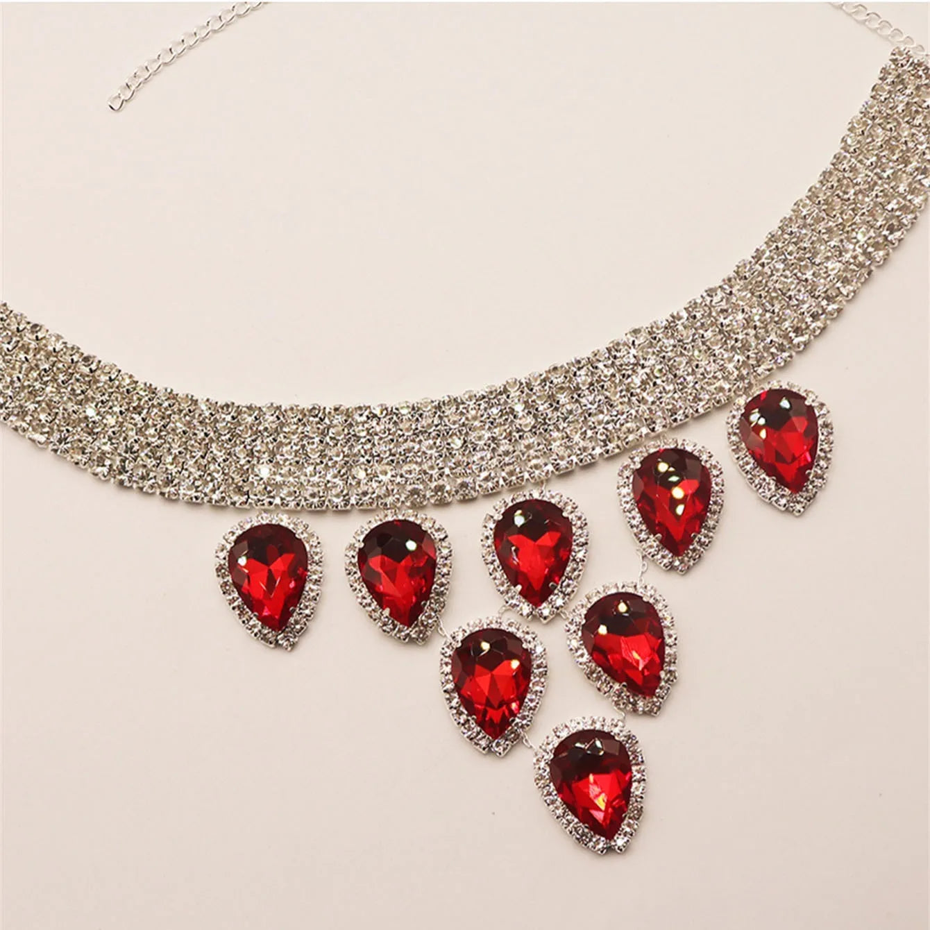 KIMLUD, Sparkling Exquisite Green Large Rhinestone Necklace Fashion Luxury Banquet Party Crystal Jewelry Necklace Wearing Accessories, Red, KIMLUD APPAREL - Womens Clothes