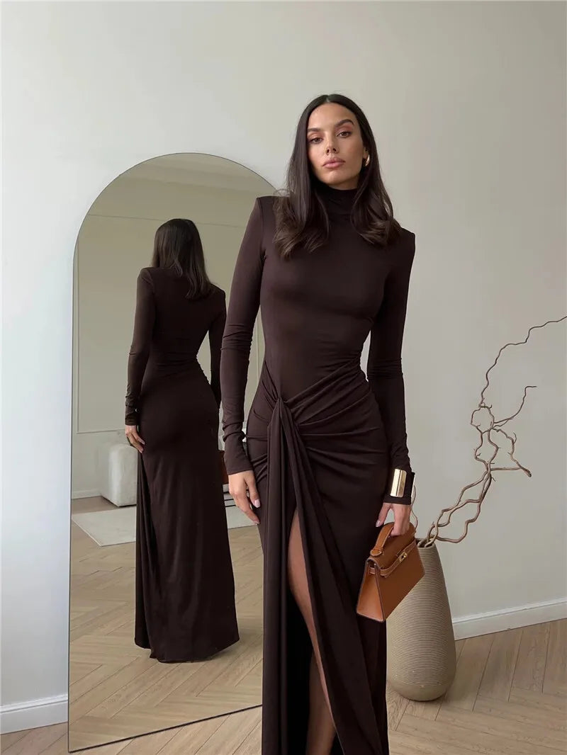 KIMLUD, Mozision Turtleneck Thigh High Split Sexy Maxi Dress For Women Fashion Long Sleeve Draped Bandage Bodycon Club Long Dress, KIMLUD Womens Clothes