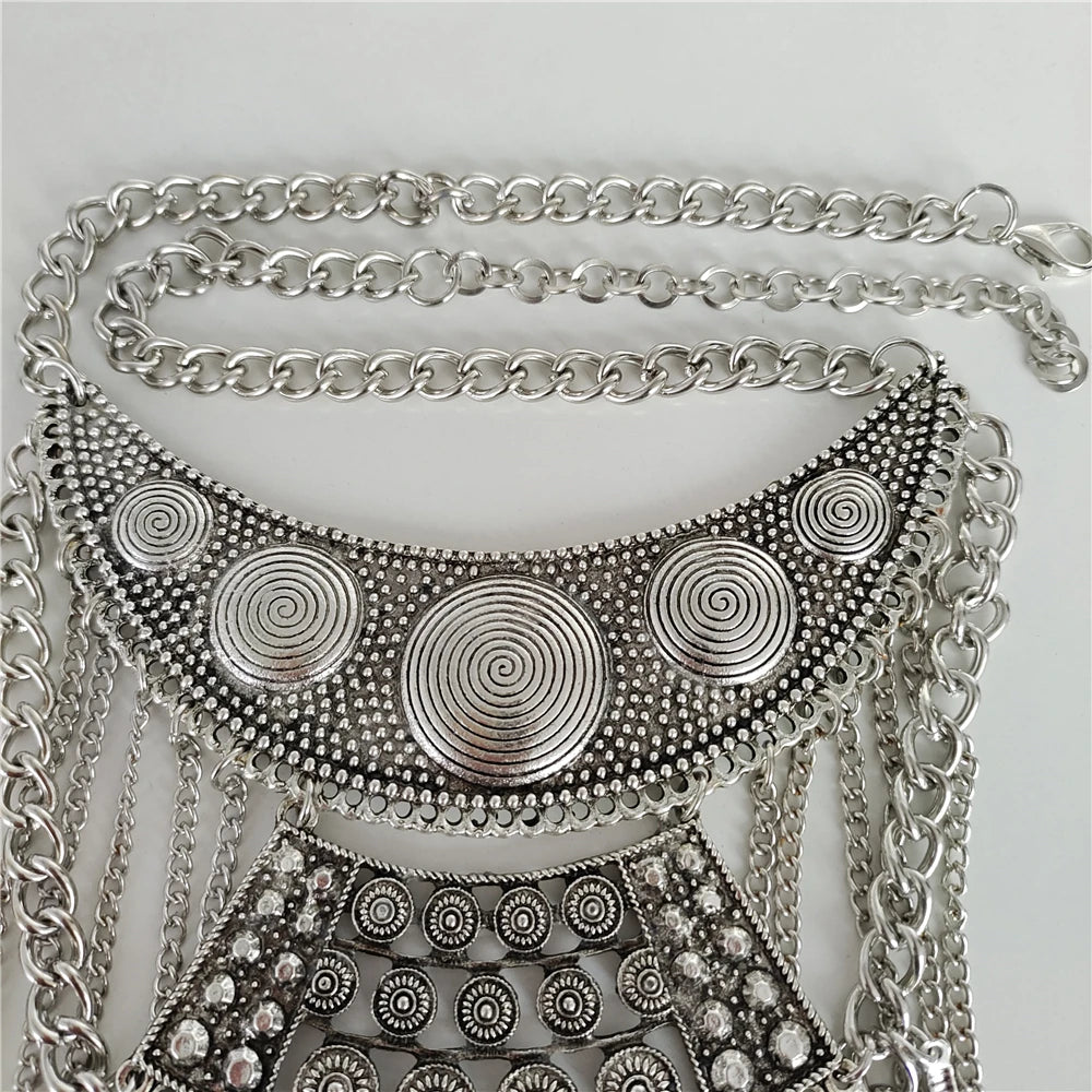 2024 New Indian Vintage Metal Chains Leaf Tassel Large Necklaces Pendants Women Punk Retro Silver Plated Statement Necklace Jewe