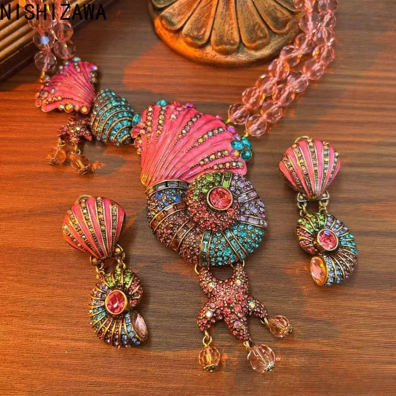 NISHIZAWA Colorful Crystal Earrings for Women Vintage Palace Style Shell Aretes De Mujer 2025 Luxury Elegant Party Jewelry