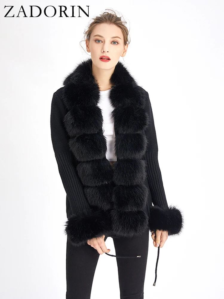 KIMLUD, ZADORIN Luxury Fur Cardigan Knit Winter Sweater Women Elegant Detachable Fur Belt White Pink Black Womens Cardigan Korea Style, Black / XXXL, KIMLUD APPAREL - Womens Clothes