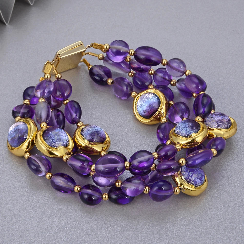 KIMLUD, GuaiGuai Jewelry 4Rows Natural Purple Amethysts Rough With Electroplated Edge Purple Murano Glass Bracelet 8" For Women, KIMLUD Womens Clothes