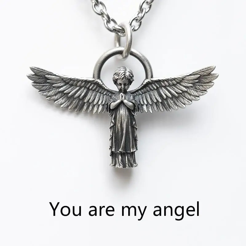 KIMLUD, Stainless Steel Creative Personality Prayer Angel Pendant Necklace Men and Women Fashion Trend Hip Hop Punk Accessories Jewelry, AL12818, KIMLUD APPAREL - Womens Clothes