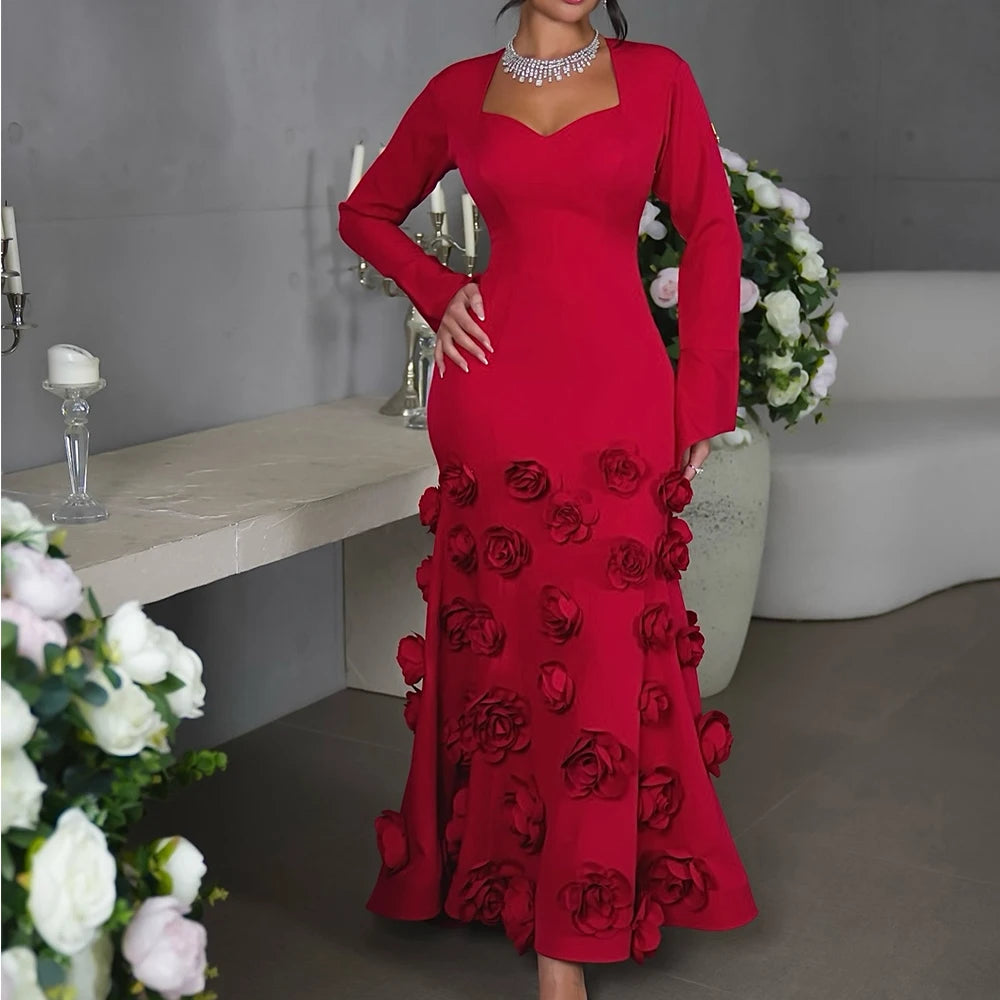 Exquisite Flowers Pleats Sweetheart Evening Dresses Graceful A-Line Satin Burgundy Long Sleeves Party Gowns Saudi Arabia 2024