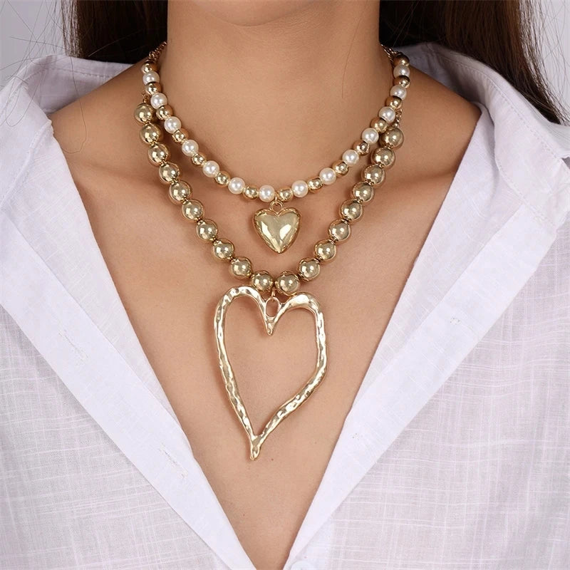 Exaggerated Hollow Big Heart Pendant Necklace for Women Girls CCB Ball Beads Necklace Party Club Punk Jewelry Gifts