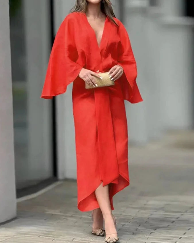 New Fashion for Women 2024 Dress Summer Solid Color Asymmetrical Design Plunge Batwing Sleeve Draped Daily Vacation Midi Dress