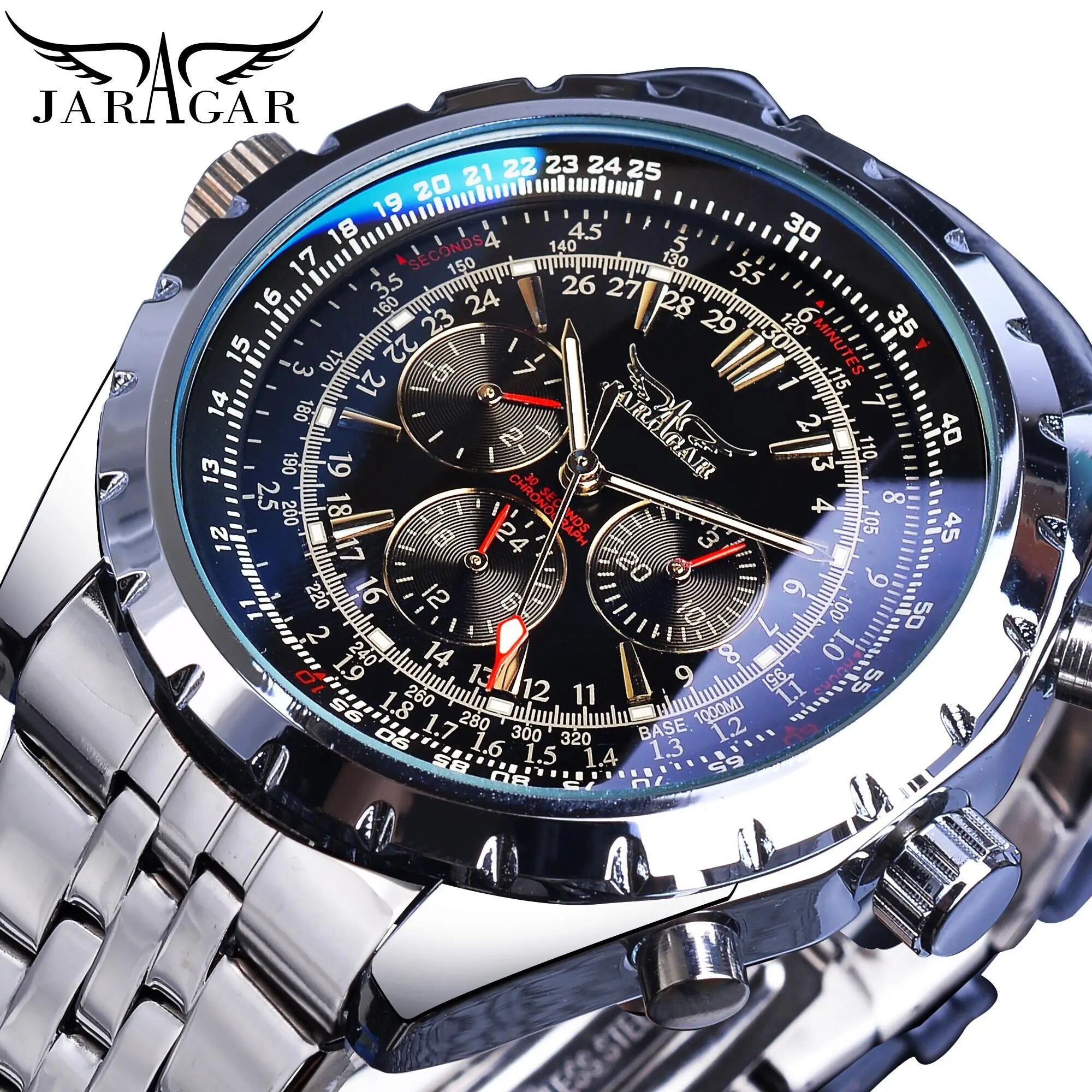 Jaragar Blue Glass Design Black Silver Automatic Watch Stainless Steel Date Clock Luminous Men Business Mechanical Wristwatch