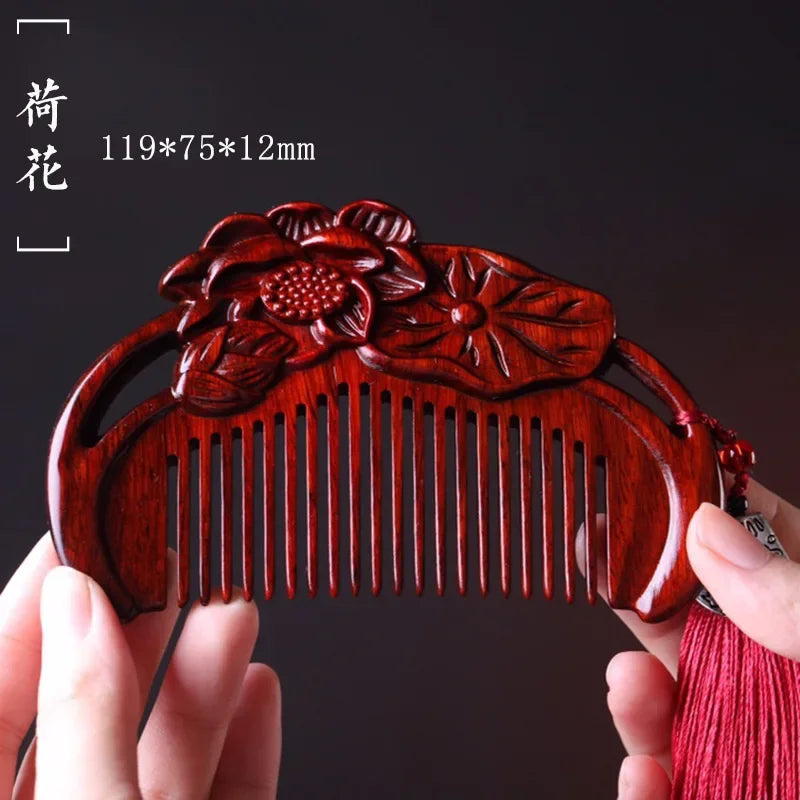 Natural Rhinoceros Horn Small Leaf Red Sandalwood Carved Wood Comb Retro Style Massage Comb Gifts with comb - KIMLUD