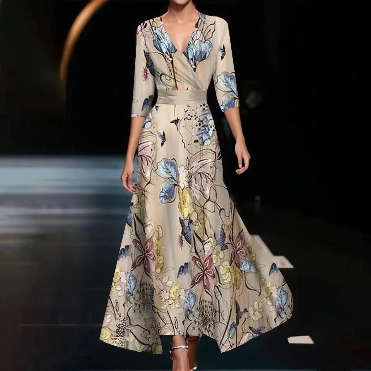 Fashion Boho Maxi Dress Women Sexy Spring V Neck Vintage Printed Swing Elegant Fashion Half Sleeved Waist Cinching Party Dresses