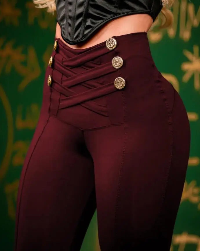 Women's Pants High Waist Trousers 2023 Button Decoration Office Solid Color Elegant Hip Lifting Leggings Skinny Pencil Pants