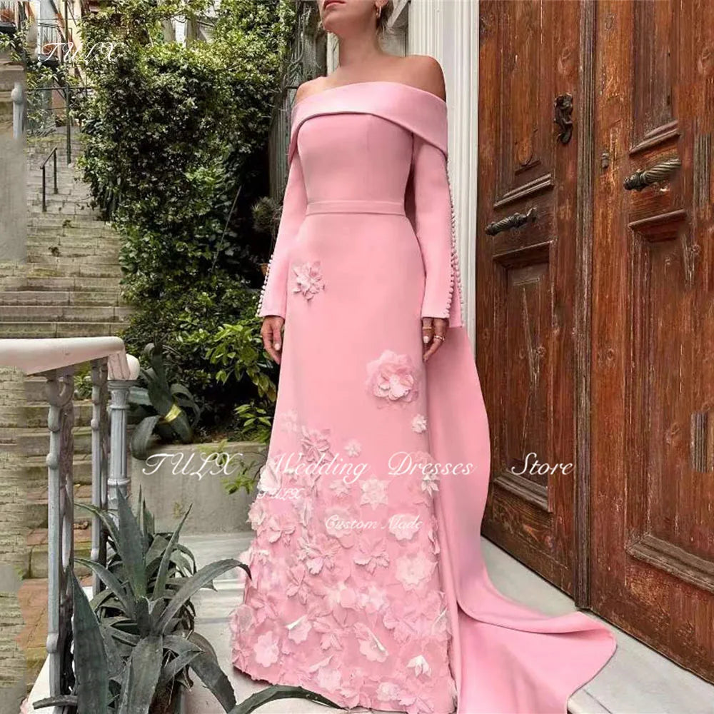 TULX Evening Dresses Crepe Off the Shoulder Appliques 3D Floral Exquisite Floor Length Pink Luxurious السعود For Woman 2025