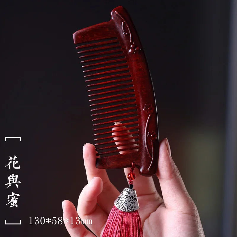 Natural Rhinoceros Horn Small Leaf Red Sandalwood Carved Wood Comb Retro Style Massage Comb Gifts with comb - KIMLUD