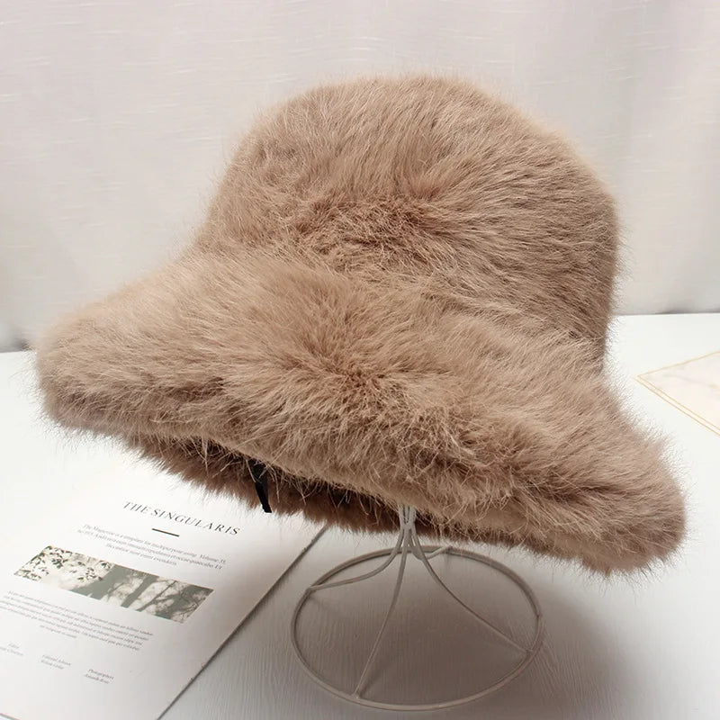 Red plush Bucket hat women's elegant autumn and winter fur bamboo hat Korean version advanced thermal cap cap 2023 large size