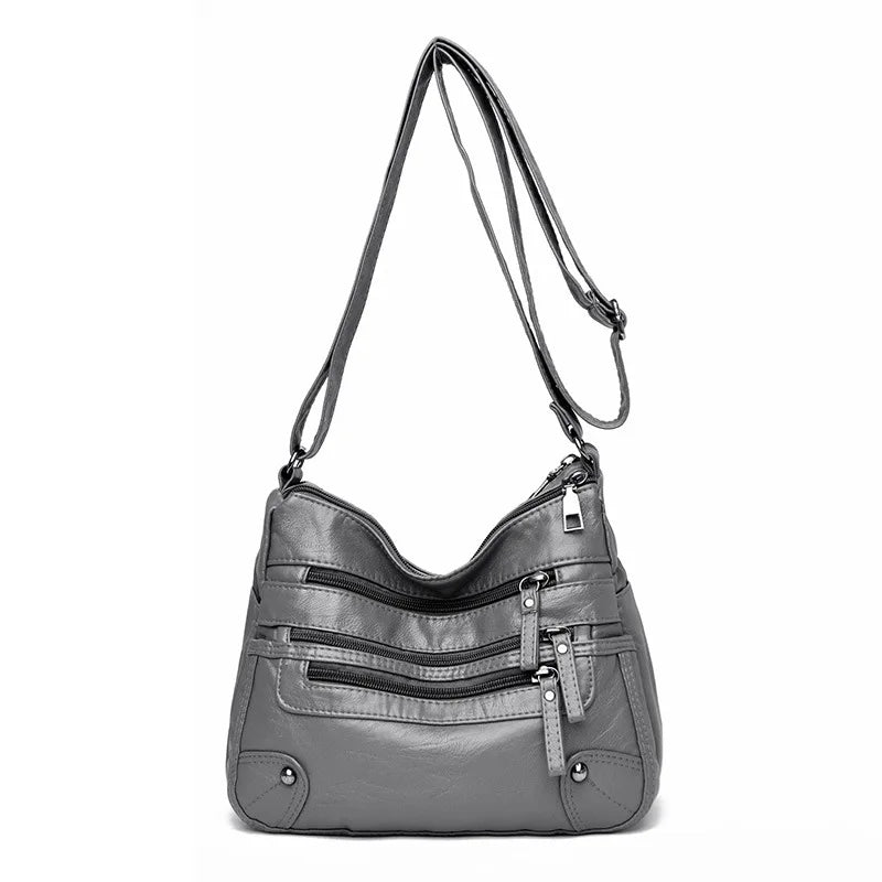 Women's Multi Zipper Shoulder Bag, Versatile Solid Color Faux Leather Crossbody Bag - KIMLUD