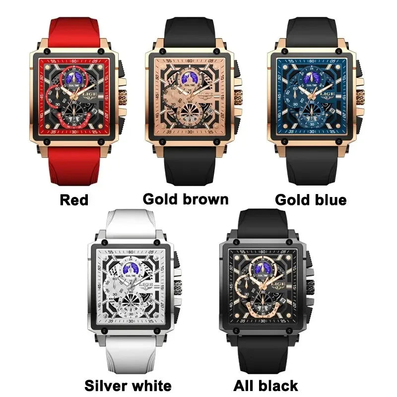 New LIGE Mens Watches Top Brand Luxury Hollow Square Sport Watch For Men Fashion Silicone Strap Waterproof Quartz WristWatch+Box