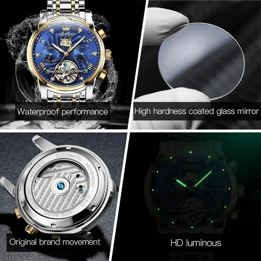 OLEVS 9910 Tourbillon Automatic Watch for Men Luxury Skeleton Men's Mechanical Wristwatch Stainless Steel Top Original Man Watch
