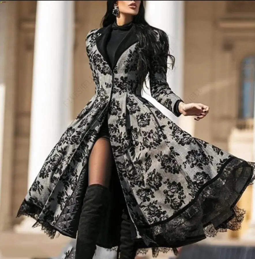 Women's Dress Autumn Winter Lady Coat Long Sleeve Medieval Lace Stitching A-line Elegant Long Black Grey Cosplay Fancy Dresses