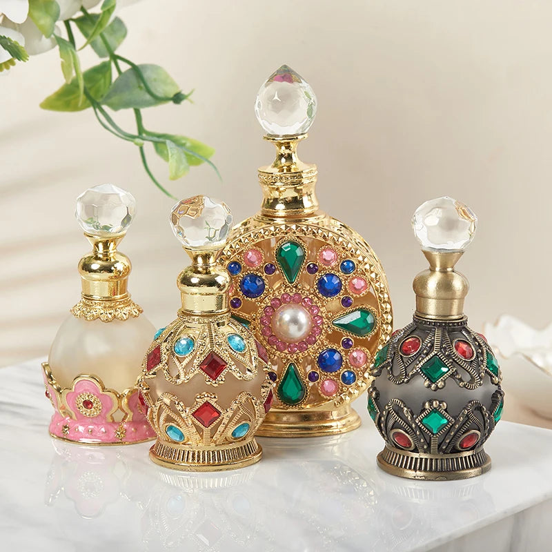 Enamel Painted Perfume Bottle 12/15ml Empty Vintage European Court Style Flower Pattern Hollow-out Refillable Crystal Cap Gift