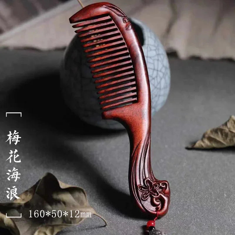 Natural Rhinoceros Horn Small Leaf Red Sandalwood Carved Wood Comb Retro Style Massage Comb Gifts with comb - KIMLUD