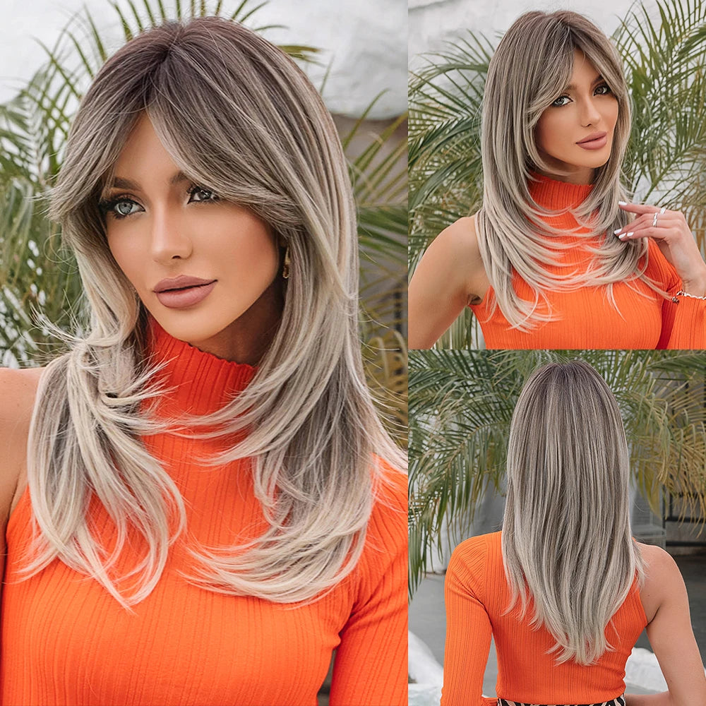 KIMLUD, Long Straight Layered Wigs Blonde Platinum Highlight Wig with Bangs Cosplay Daily Use Natural Hair Heat Resistant Wig for Women, LC051-1, KIMLUD APPAREL - Womens Clothes