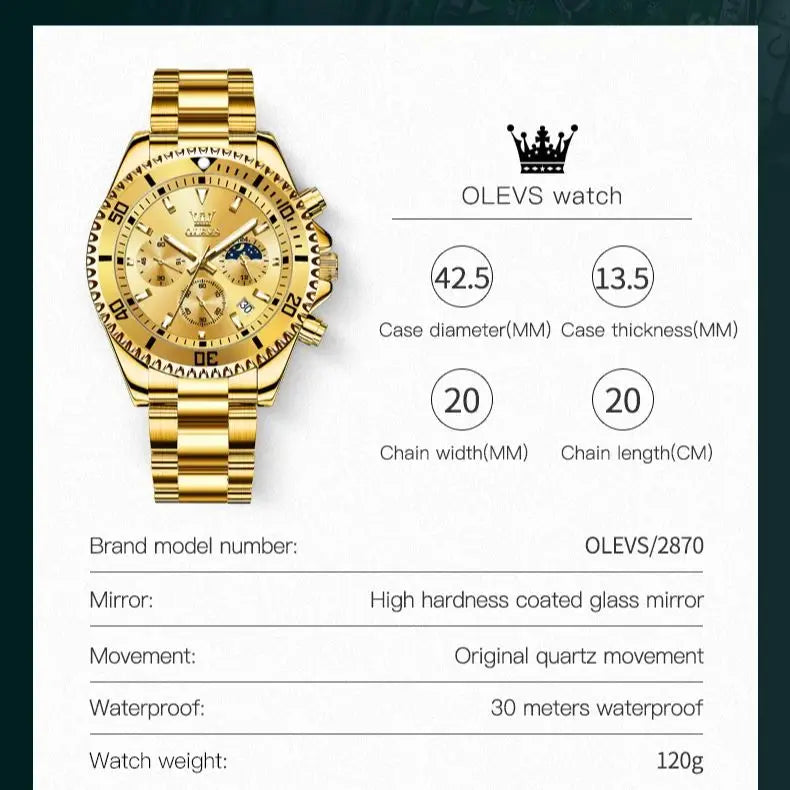 OLEVS 2870 Men's Watches Golden Stainless Steel Calendar Moon phase Chronograph 42.5mm Big Dial Men's Wristwatches Original