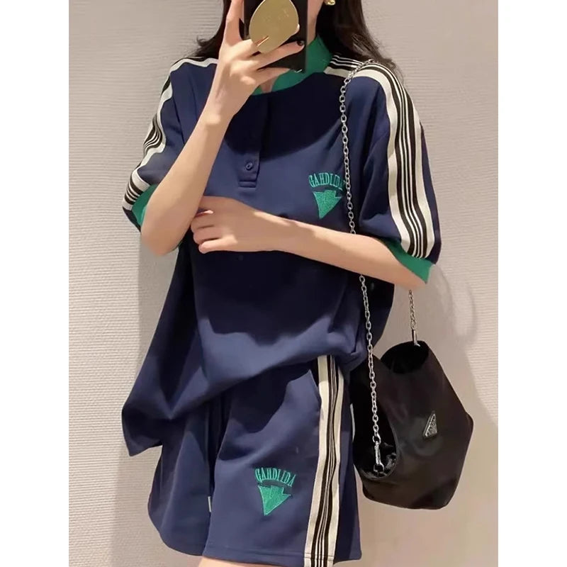 Navy Loose Side Patch Streetwear Tracksuit Summer Shirts Shorts Pants Embroidery Two Piece Sets Womens Outifits Harajuku Casual