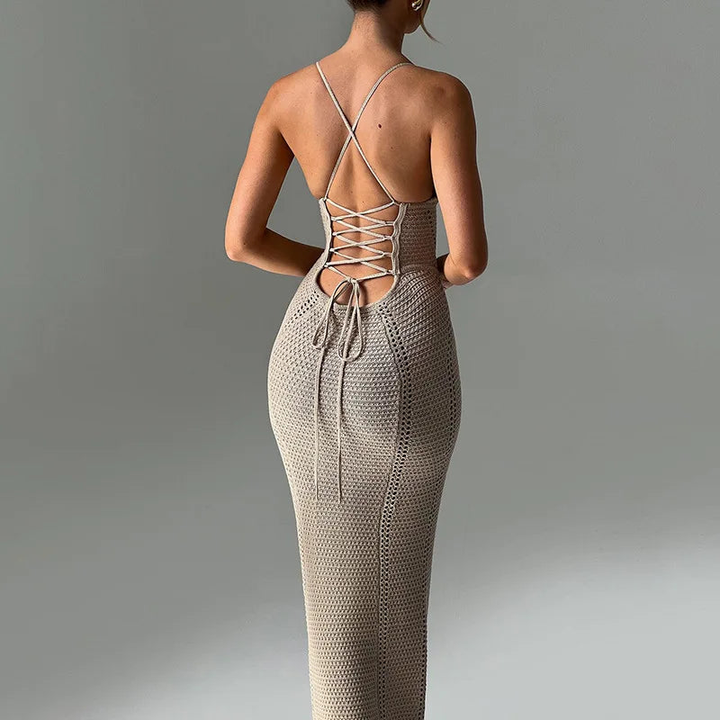 Bandage Backless Sexy Hollow Out Bodycon Beach Dress Sundress Women Summer Sleeveless V Neck Y2K Streetwear Maxi Long Dresses