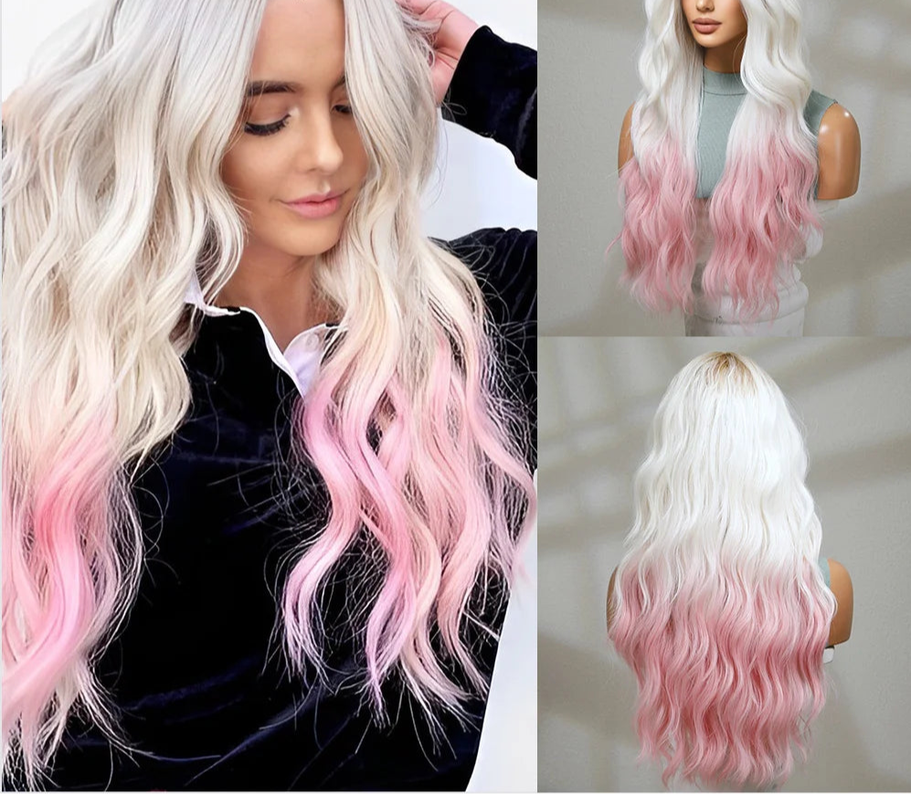 KIMLUD, oneNonly Pink White Long Wig Blonde Rainbow Wavy Wigs Halloween Cosplay Party Wigs for Women Makeup Tools Synthetic Hair, KIMLUD Womens Clothes