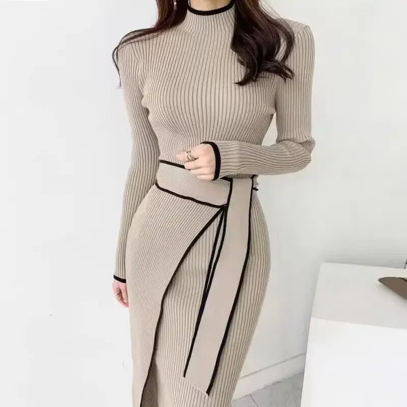 New Retro Knitted Bodycon Dress Women Korean Fashion Autumn Winter Half High Collar Lace Up Elegant Sweater Dresses Vestidos