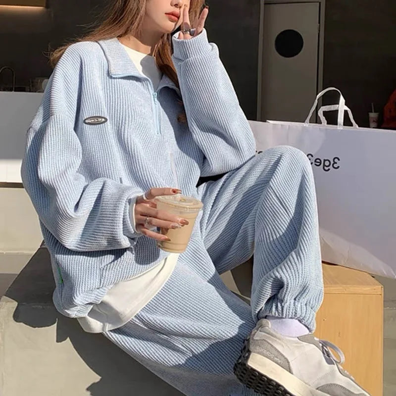 Long Sleeve Sportswear Pant Sets Women New Casual Half High Collar Tops Drawstring High Waist Pants 2 Piece Sets Womens Outfits