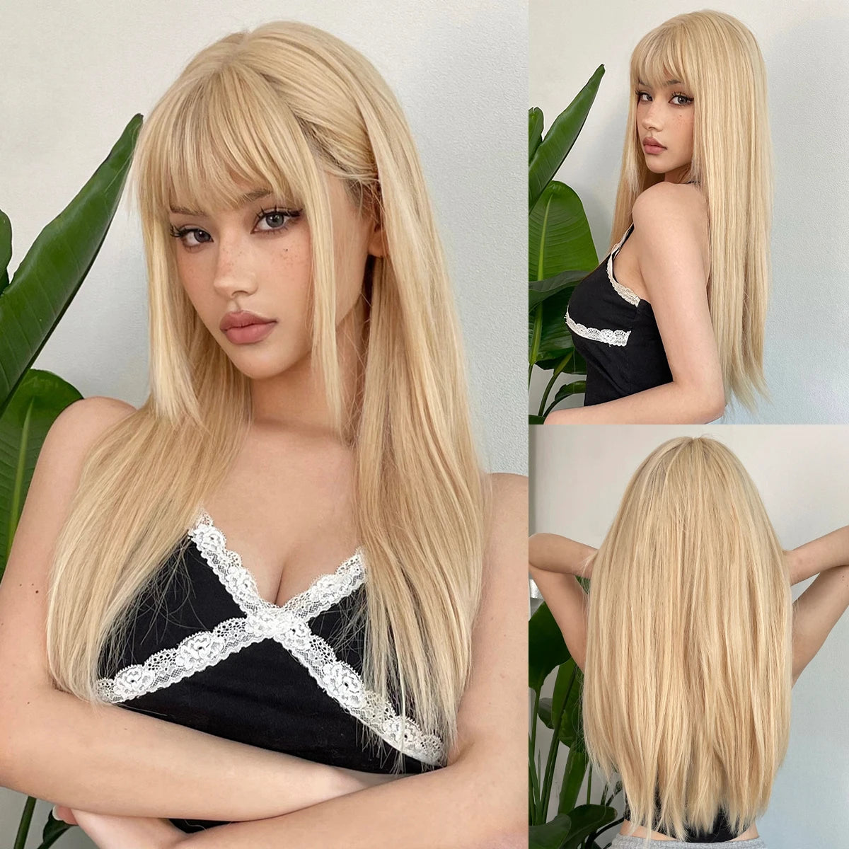 KIMLUD, Ombre Synthetic Straight Cosplay Women Hair Platinum Blonde to Black Hair Long Layered Natural Wigs with Bangs for White Women, Wig WL1144-1, KIMLUD APPAREL - Womens Clothes