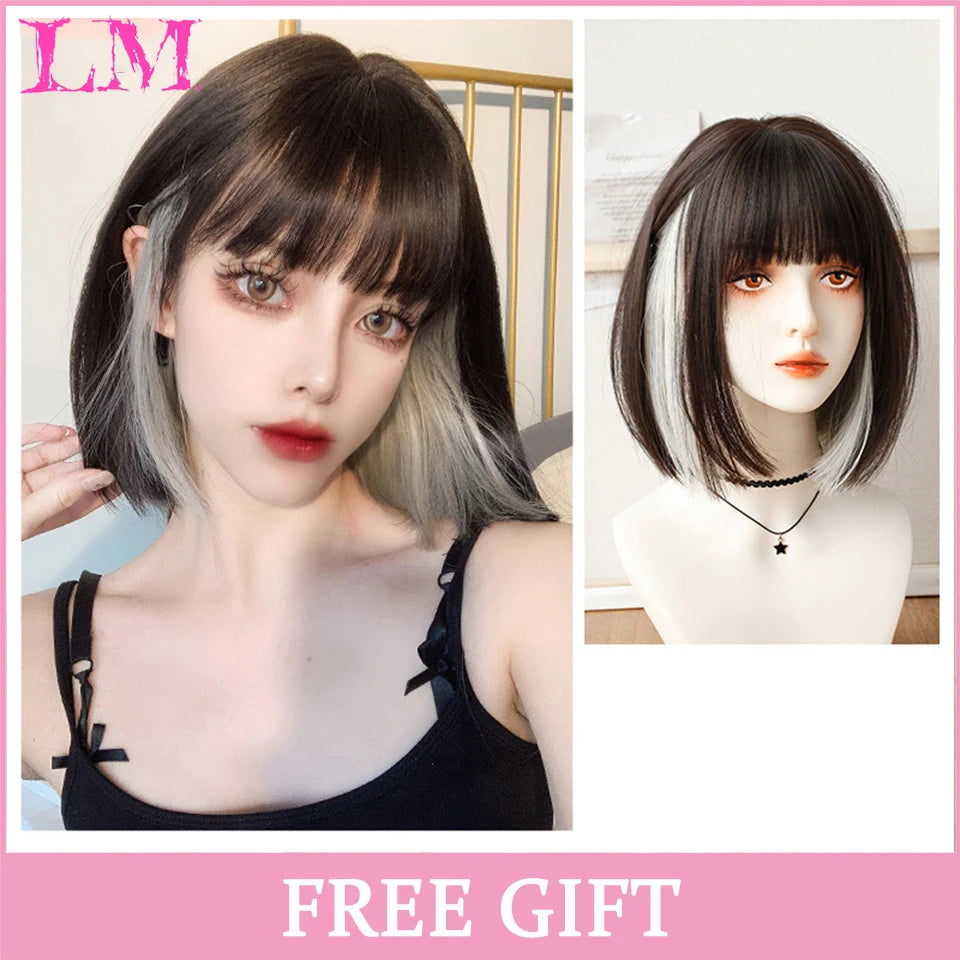 LM Long Natural Wavy Platinum Blonde Pink Wigs with Bangs Cosplay Party Lolita Synthetic Wigs for Women Heat Resistant Fiber