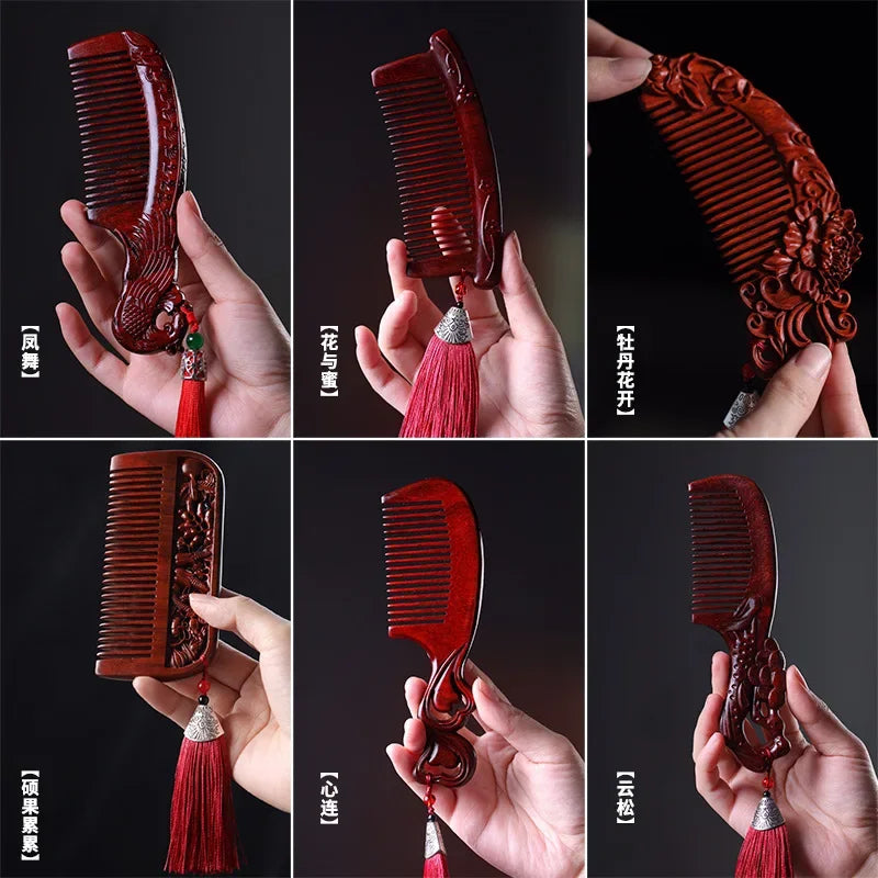 Natural Rhinoceros Horn Small Leaf Red Sandalwood Carved Wood Comb Retro Style Massage Comb Gifts with comb - KIMLUD